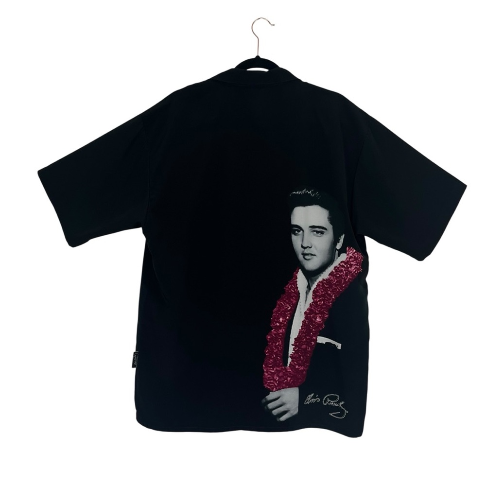 Elvis Presley Black Hawaiian Lei Button Down Shirt w/ Embroidered Signature LG - Picture 2 of 9